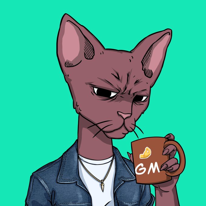 A digital illustration of an anthropomorphic hairless cat wearing a denim jacket and necklace, holding a brown mug with "GM" written on it against a turquoise background.