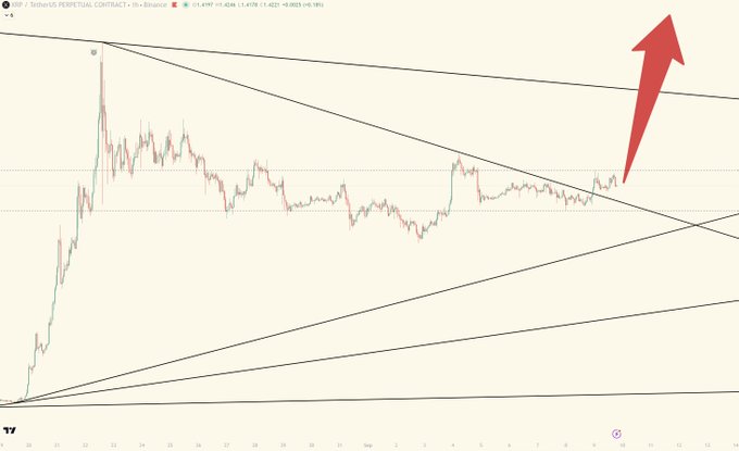 A financial chart of XRP/USDT Perpetual Contract on Binance showing price movements with a large red arrow pointing upward, indicating a bullish prediction.