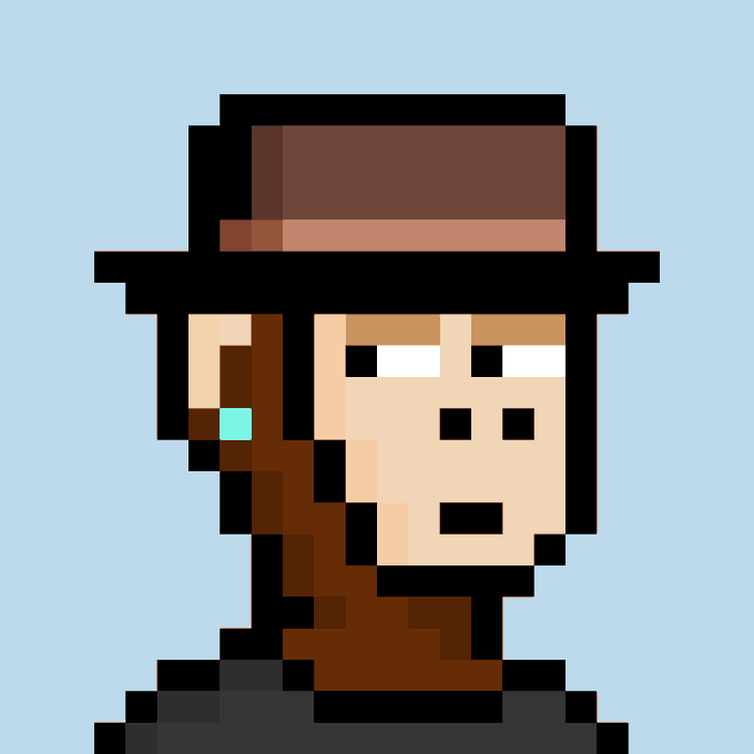 A pixel art portrait depicts a person wearing a brown hat with a neutral expression against a light blue background.