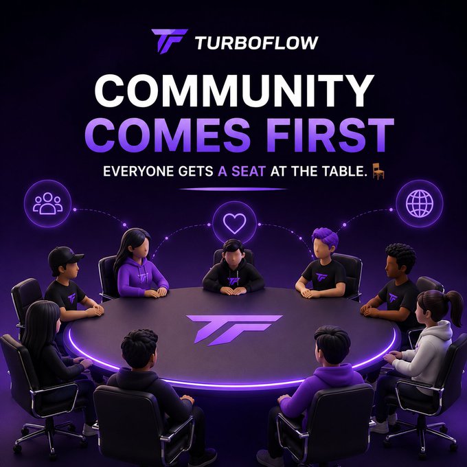 A promotional graphic for "TURBOFLOW" with the text "COMMUNITY COMES FIRST - EVERYONE GETS A SEAT AT THE TABLE," showing 3D characters seated around a glowing purple circular table.
