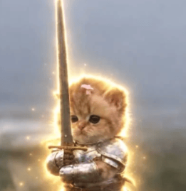 A humorous edited image shows a fluffy orange kitten wearing armor and holding a glowing golden sword.