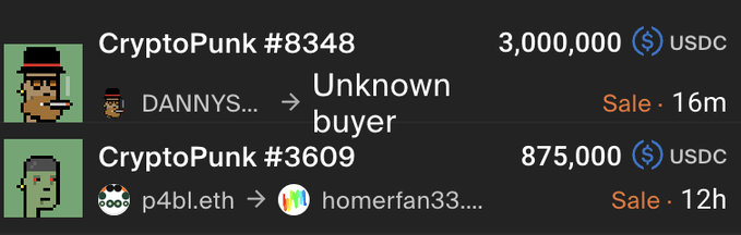 A screenshot displays NFT marketplace transactions, including CryptoPunk #8348 selling for 3,000,000 USDC and CryptoPunk #3609 selling for 875,000 USDC.