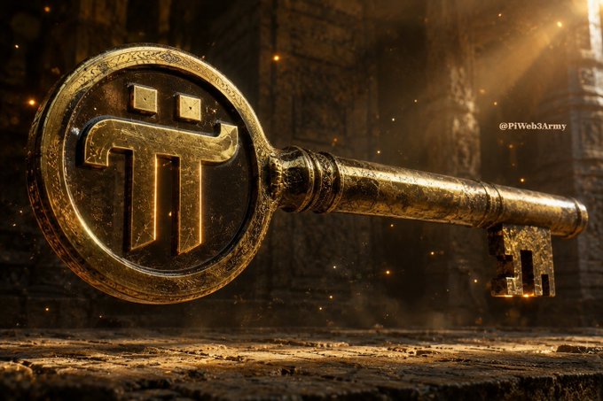 A large ornate golden key featuring the Pi Network (Pi) cryptocurrency logo, with the watermark '@PiWeb3Army' in a mystical, sunlit setting.