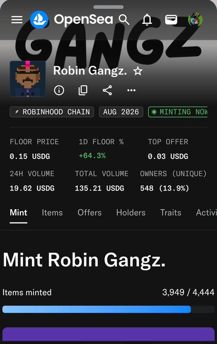 Screenshot of an OpenSea webpage showing a "Robin Gangz" NFT collection minting on Robinhood Chain, listing a floor price of 0.15 USDG, 19.62 USDG 24H volume, and 3,949 of 4,444 items minted. The image illustrates the suspected scam collection that the post is alerting others about and asking OpenSea to remove.