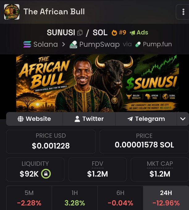 The image shows a cryptocurrency tracking page for the token "The African Bull" (ticker: SUNUSI) on the Solana blockchain via PumpSwap/Pump.fun, displaying a price of $0.001228 USD (0.00001578 SOL), a $1.2M market cap, $92K liquidity, and a 24H decline of -12.96%. The post celebrates the token maintaining its $1M+ market cap for nearly four days despite the visible daily dip, crediting SUNUSI holders' conviction for the achievement.