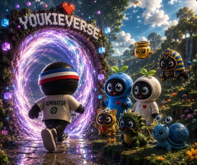 A vibrant digital fantasy scene titled 'YOUKIEVERSE' showing a character labeled 'DOMINATOR' walking through a glowing purple portal into a lush world, surrounded by cute mascot creatures including a pharaoh-like figure, a blue alien, and a snail.