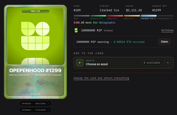 A digital interface showing an NFT card (#109) labeled 'OPENHOOD #1299' with 'Cracked Ice' finish, valued at $2,111.20, and 10,000,000 RIP staked.