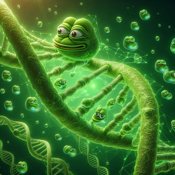 A 3D digital art illustration features a green, textured Pepe the Frog figure intertwined with DNA strands, surrounded by floating green spheres resembling Pepe faces.