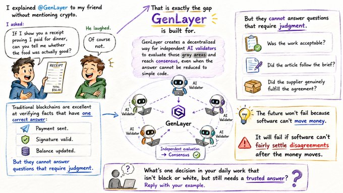 The image shows a whiteboard with various drawings of people, including two men sitting at a table with laptops open. The text on the board reads "GenLayer" and "That's almost the gap GenLayer is built for". The caption below the drawing states that if someone asks whether they paid for dinner, it would be impossible to determine based on the image alone.