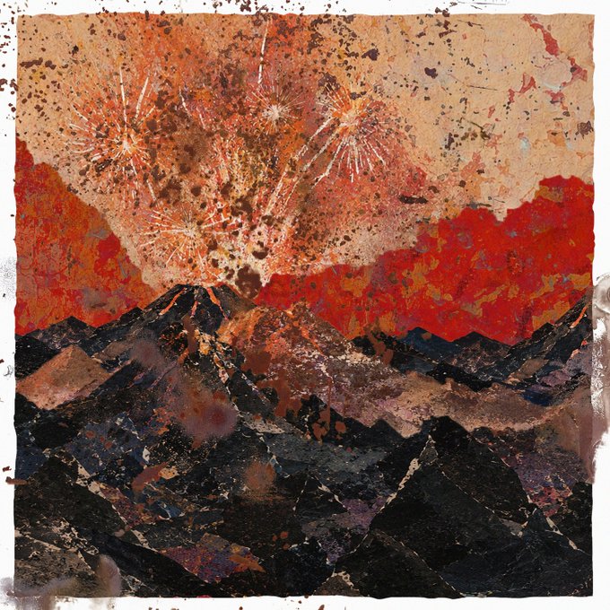 An artistic mixed-media collage painting depicting fireworks exploding in orange and white over dark, jagged mountains against a red and orange sky.
