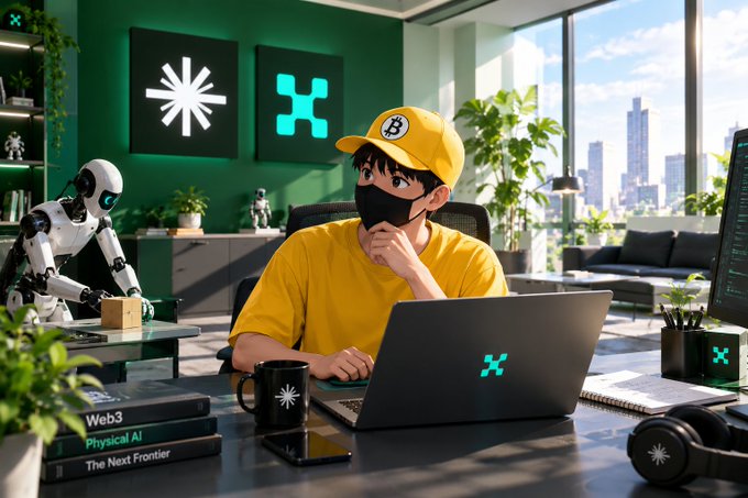 An illustrated scene depicts a young man in a yellow shirt and Bitcoin cap working on a laptop in a modern green office with a robot companion and tech-themed wall art.
