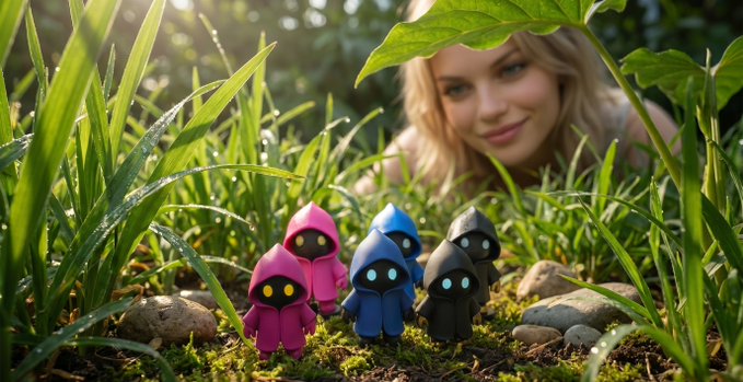 The image features a woman with blonde hair peeking over her shoulder at a group of small figurines or action figures, which are placed in a garden setting. The figurines appear to be Myo characters from the video game "VeGo". The woman is positioned behind the figurines and seems to be looking at them closely. The image also includes text that reads: "Went out to water the plants. Came back with a new problem: a wild colony of Myo has moved into my garden! And you know what? I want to adopt every single one of them Have you minted your 1/1 Myo on ETH yet, VeVeFam? myo.land #MYO #SUYE #VeVe".
