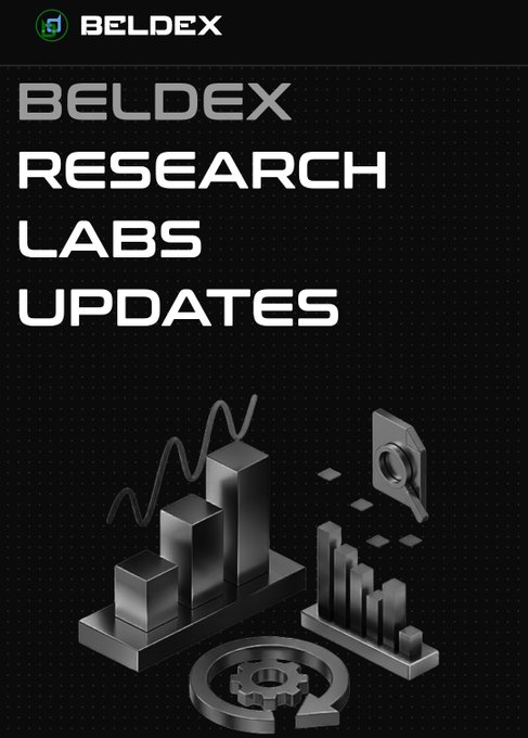 A digital graphic with a black background featuring the Beldex logo and the text 'BELDEX RESEARCH LABS UPDATES' above 3D-rendered dark gray icons depicting bar charts, a magnifying glass, and a gear.