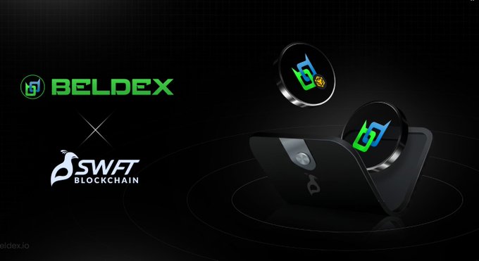 Promotional graphic announcing a partnership between 'BELDEX' and 'SWFT BLOCKCHAIN' with floating cryptocurrency token icons against a dark background.