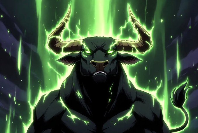 An anime-style illustration depicts a menacing, muscular minotaur-like creature with glowing green eyes and horns, surrounded by bright green energy auras.