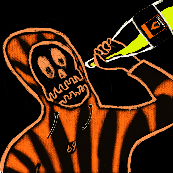Dark surreal illustration of a hooded skeletal figure in orange, being doused or marked with bright green liquid from a bottle labeled “FLAMMABLE.”