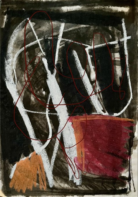 The image features a painting with black and white colors that includes red lines and shapes. The artwork appears to depict a chaotic scene or abstract design, possibly inspired by the phrase "Red Rebirth" written below it. The artist's use of bold colors and lines creates an interesting visual effect, making the piece stand out as a unique work of art.