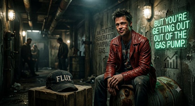 Stylized image of a man in a red leather jacket sitting in a dimly lit industrial space with a neon sign reading 'BUT YOU'RE GETTING OUT OF THE GAS PUMP,' a 'FLUX' cap, and wall text about a generation pumping gas.