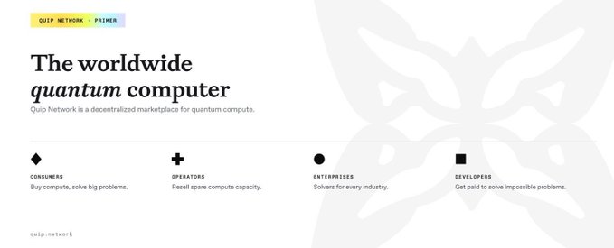 Website header for Quip Network describing it as 'The worldwide quantum computer' and a decentralized marketplace for consumers, operators, enterprises, and developers.