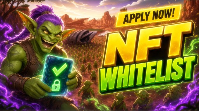 A vibrant fantasy-style promotional graphic featuring a green goblin with purple hair holding a phone displaying a checkmark and lock icon, alongside bold text reading 'APPLY NOW! NFT WHITELIST.'