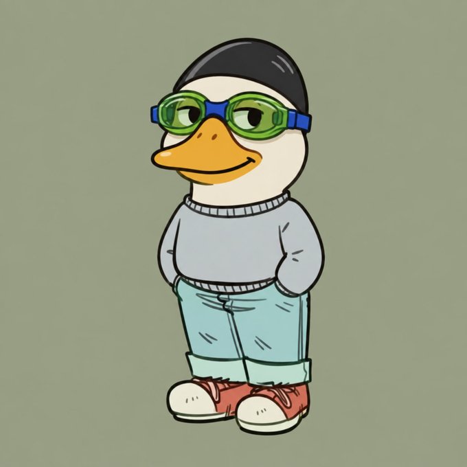 A cartoon illustration of a duck-like character wearing green-rimmed glasses, a black beanie, a light blue sweater, teal pants, and red sneakers against a green background.