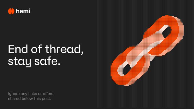 A dark graphic with 'hemi' branding and the text 'End of thread, stay safe. Ignore any links or offers shared below this post.' next to a pixelated orange chain link illustration.