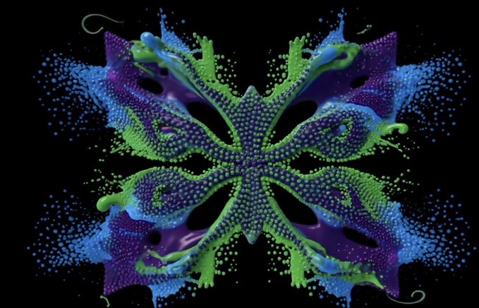 The image features an abstract art piece with a black background that has been splattered with blue and green paint. The painting appears to be a butterfly, composed of multiple points connected by lines or curves, creating a sense of movement and dynamism. The colors used are predominantly blue and green, which contribute to the overall visual appeal and impact of the artwork.