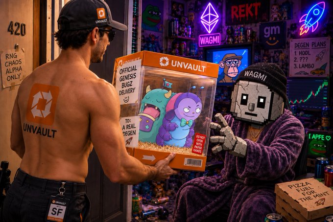 A shirtless Unvault delivery driver hands a package labeled "UNVAULT OFFICIAL GENESIS BUGZ DELIVERY TO: A REAL DEGEN" to a blocky-faced NFT character in a robe, amid neon crypto signs reading "WAGMI," "REKT," "DEGEN PLANS 1. HODL 2. ??? 3. LAMBO," and "420," visually embodying the post's message that NFTs should do more than sit as JPEGs—they should actively deliver value, like shipping real Genesis Bugz to holders.
