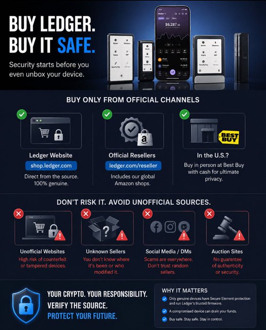 A Ledger hardware wallet advertisement warning consumers to 'BUY LEDGER. BUY IT SAFE' by purchasing only from official channels and avoiding unofficial websites, auction sites, or social media sellers.