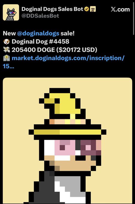 The image features a digital representation of an elf-like creature, possibly a pixel art style character from a video game or cartoon franchise. The main character wears a yellow hat and has some sort of facial feature that resembles a dog's face with pink eyes, giving it a unique and whimsical appearance. The post on Twitter appears to be advertising an item related to the character in the form of a "doginal dog" or "doginal doge". It seems like the creator of this pixel art style character is trying to generate interest around their work by making use of popular social media platforms.