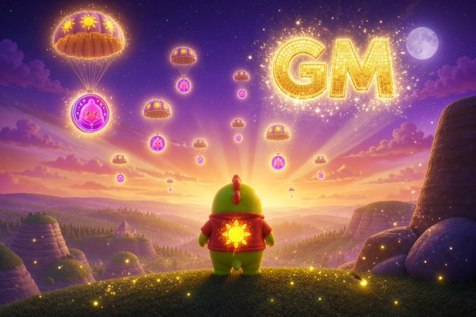 A green character in a red shirt with a sun emblem stands on a hilltop at dawn, looking out over a magical landscape filled with floating parachute tokens and a sparkling golden "GM" in the sky, visually echoing the "Good morning" message and the quest-driven reward theme of the @sleepagotchi ecosystem.