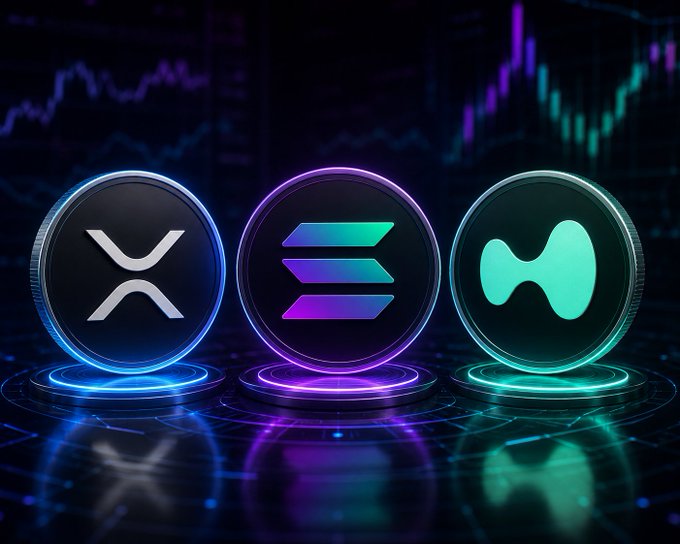 The image features three cryptocurrency coins displayed against a dark background. The coins are arranged in a row with one coin at each end, showcasing their unique designs. The coins include Bitcoin (BTC), Ripple (XRP), and Solana (Sol). The text "LATEST: Institutional capital has not uniformly left crypto, BRN says, with flows rotating into HYPE, XRP and Solana funds even as spot Bitcoin ETFs shed more than $1B last week." is present in the image. This information suggests that there might be a recent shift in institutional interest towards these particular coins or market trends related to cryptocurrency.