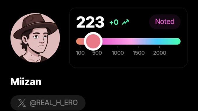 A user profile screen displays the name 'Miizan', the handle '@REAL_H_ERO', a profile picture of a man in a hat, and a score of 223 with a 'Noted' button.