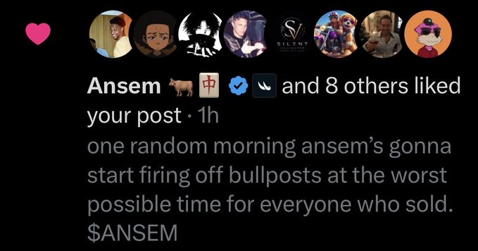 The image shows an Instagram notification indicating that "Ansem" and 8 others liked a post titled "one random morning ansem's gonna start firing off bullposts at the worst possible time for everyone who sold. $ANSEM." This relates to the accompanying post where the user is frustrated that the $ANSEM community keeps selling, threatening to expose their likes as leverage to discourage further selling.