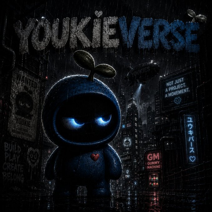 Dark promotional artwork for "YOUKIEVERSE" featuring a small blue character with a leaf on its head and glowing blue eyes in a rainy cityscape, surrounded by signs reading "WANTED," "NOT JUST A PROJECT. A MOVEMENT.," "GM GUMMY MACHINE," and "BUILD PLAY CREATE BELONG."