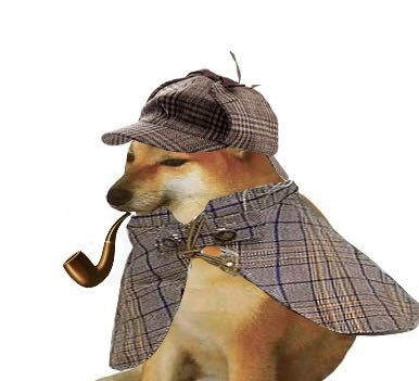 The image shows a Shiba Inu dog dressed as Sherlock Holmes, wearing a checkered detective cap and cape while holding a magnifying glass and smoking a pipe. The caption ties to the post's tone of investigating and analyzing cryptocurrency listings on RH (likely Robinhood), with the detective dog symbolizing the poster's scrutiny of which projects, such as PONs, may be selected for future listings.