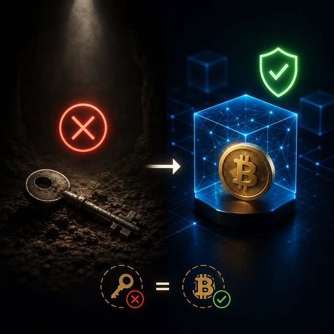 A conceptual graphic contrasting a buried, rusted physical key marked with a red X on the left with a Bitcoin coin secured inside a glowing blue digital vault with a green checkmark on the right, illustrating the shift from vulnerable traditional keys to protected cryptocurrency.