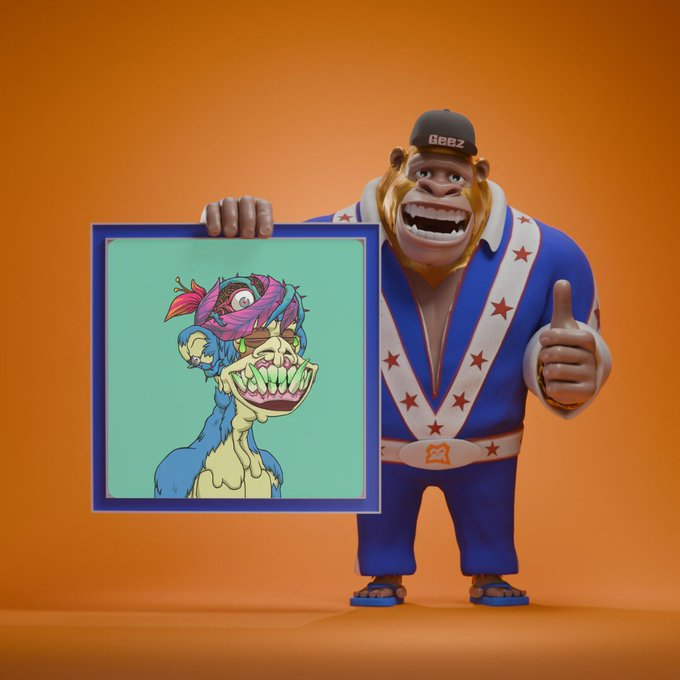 The image features a cartoon character wearing a blue shirt and hat holding up a picture of another cartoon character with a fish head. The caption reads "This afternoon, I'll be giving an in-person briefing on the YUGA ecosystem to my local friends who are interested in $APE, to help them gain a deeper understanding."
