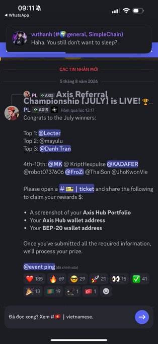 A WhatsApp screenshot showing notifications about an 'Axis Referral Championship [JULY]' with winners including @Lecter, @mayulu, and @Danh Tran, requesting submissions via a #ticket for rewards including a screenshot of Axis Hub Portfolio, Axis Hub wallet address, and BEP-20 wallet address.