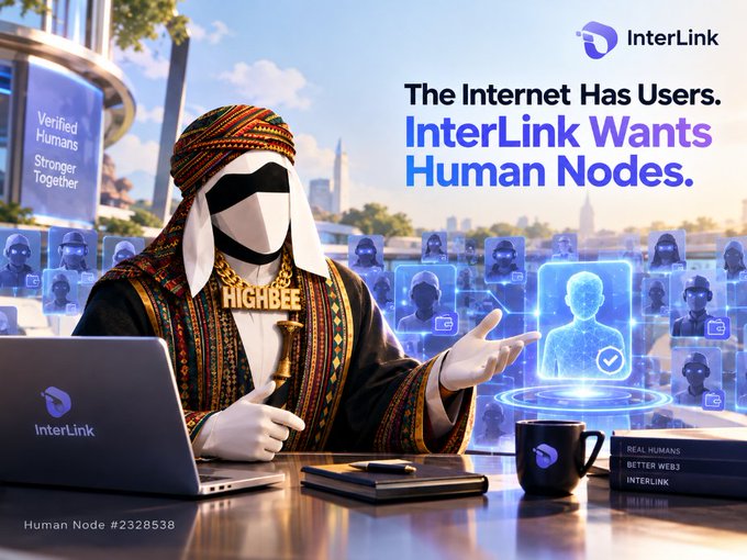 A promotional graphic for 'InterLink' with the tagline 'The Internet Has Users. InterLink Wants Human Nodes.' It features an avatar in traditional Middle Eastern attire (keffiyeh and agal) at a desk with a laptop, surrounded by digital 'human nodes'. Text includes 'Verified Humans Stronger Together' and 'Human Node #2328538'.