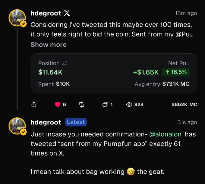 Tweets from user 'hdegroot' discussing a coin bid and referencing '@alonalon', showing trading stats including an $11.64K position with +16.5% gain.