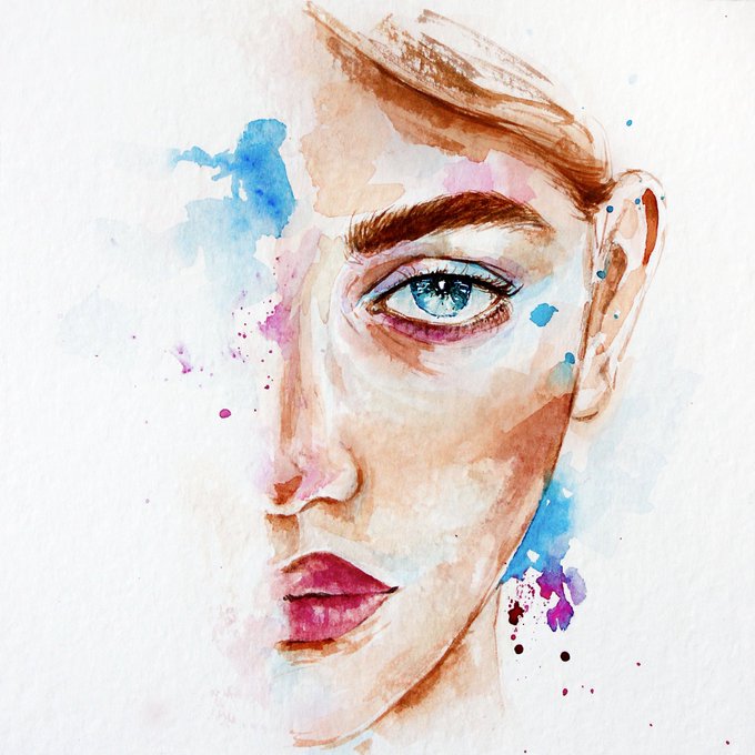A watercolor portrait painting of a face showing a striking blue eye, accented with blue, purple, and pink paint splatters against a white background.