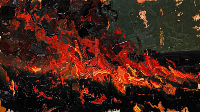 Abstract oil painting featuring bold, textured brushstrokes in red, orange, yellow, black, and green, evoking the appearance of flames.