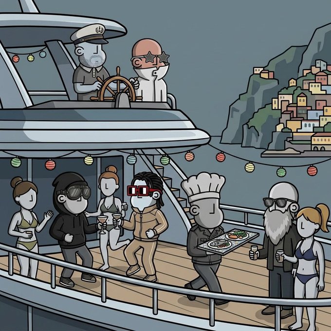 A cartoon illustration shows a luxurious yacht party with guests in swimwear enjoying cocktails, a chef serving gourmet dishes, and a captain at the helm steering toward a colorful coastal village in the distance, symbolizing the journey toward success. The image visually represents the post's metaphor of "sailing to Valhalla" as the NPC team builds toward their ambitious goals.