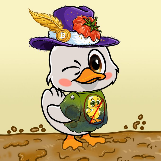 A cartoon illustration depicts a white duckling wearing a purple hat adorned with a Bitcoin coin, a feather, and a strawberry, standing on brown mud.