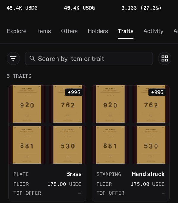 A marketplace interface on the 'Traits' tab displays NFT listings titled 'THE BUTTON' with various serial numbers (920, 762, 881, 530) under 'PLATE' and 'STAMPING' categories, priced at 175.00 USDG.