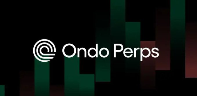 The image displays the "Ondo Perps" logo in white text against a dark background featuring green candlestick chart patterns, visually reinforcing the post's message about expanding perpetual futures trading beyond crypto to include traditional assets like gold, indices, and oil.
