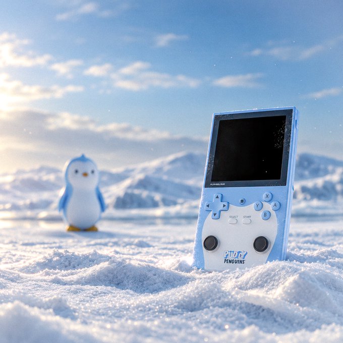 A small blue and white penguin toy stands in the snow next to a light blue handheld gaming device labeled "PiPi PENGUINS" against a backdrop of snowy mountains and a blue sky.