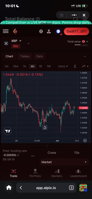 Alpix trading app screenshot showing the XRP/USDC chart with a 4-hour view, current price at 1.0449 (-0.15%), and 10x cross leverage on a dark theme.