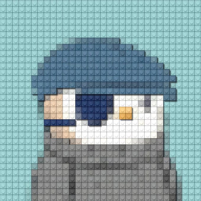 A pixel-art style portrait made of small square blocks depicting a person wearing a blue cap/hood and dark sunglasses, with a light blue background.
